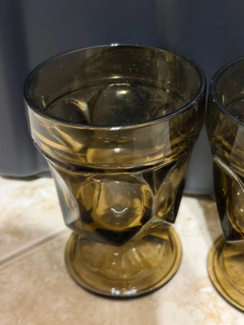 Vintage MCM Olive Smoke Brown Glass Footed Water Wine Goblets Set of 4